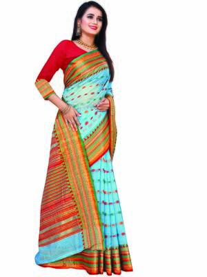 Sky Blue Woven Cotton Saree With Blouse 3
