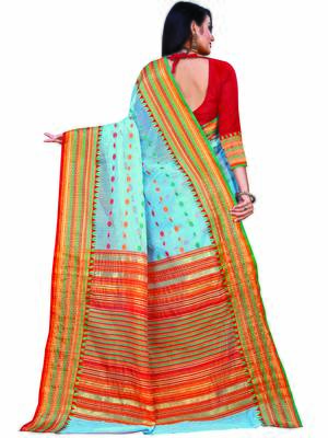 Sky Blue Woven Cotton Saree With Blouse 4