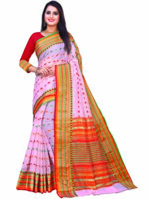 Light Pink Woven Cotton Saree With Blouse 1
