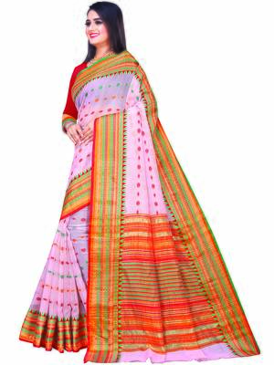 Light Pink Woven Cotton Saree With Blouse 2
