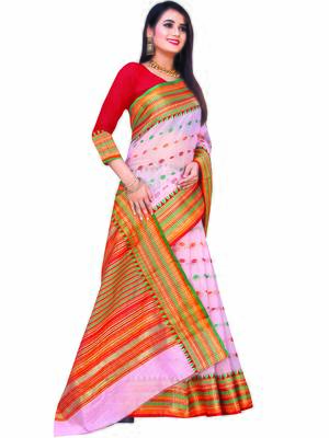 Light Pink Woven Cotton Saree With Blouse 3