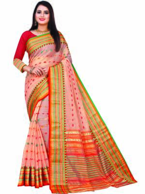 Peach Woven Cotton Saree With Blouse 1