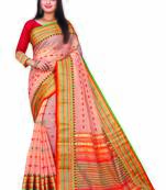 Peach Woven Cotton Saree With Blouse