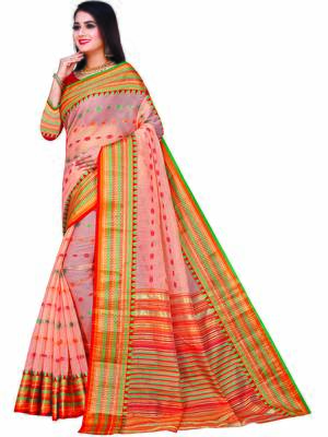 Peach Woven Cotton Saree With Blouse 2