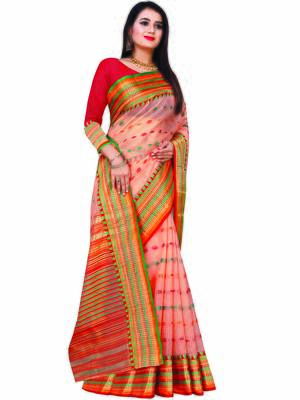 Peach Woven Cotton Saree With Blouse 3
