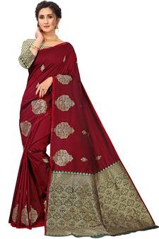 Maroon Woven Silk Blend Saree With Blouse
