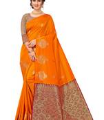 Orange Woven Silk Blend Saree With Blouse