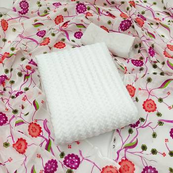 White Net Unstitched Dress Material With Floral Dupatta 1