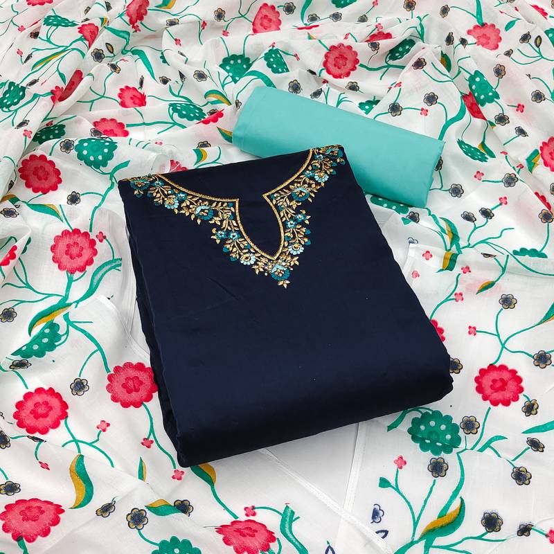 Navy Blue Chanderi Dress Material With Floral print Dupatta