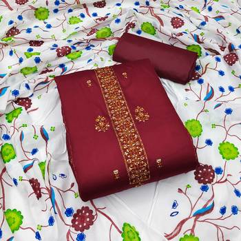 Maroon Jam Silk Dress Material With Floral print Dupatta 1