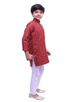 Maroon Printed Cotton Boys Kurta Pajama Set 1