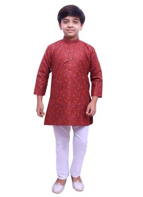 Maroon Printed Cotton Boys Kurta Pajama Set 3