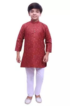 Maroon Printed Cotton Boys Kurta Pajama Set