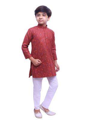 Maroon Printed Cotton Boys Kurta Pajama Set 4