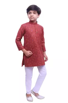 Maroon Printed Cotton Boys Kurta Pajama Set