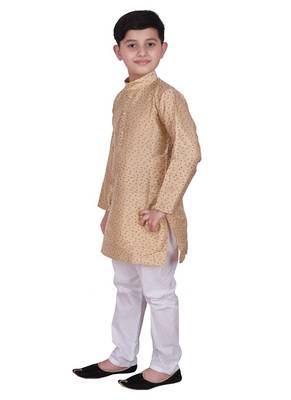 Cream Self Design Silk Boys Kurta Pajama Set 1