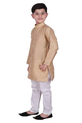 Cream Self Design Silk Boys Kurta Pajama Set