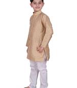 Cream Self Design Silk Boys Kurta Pajama Set