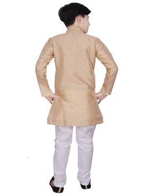 Cream Self Design Silk Boys Kurta Pajama Set 2