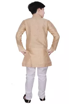 Cream Self Design Silk Boys Kurta Pajama Set