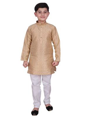 Cream Self Design Silk Boys Kurta Pajama Set 4