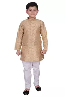 Cream Self Design Silk Boys Kurta Pajama Set