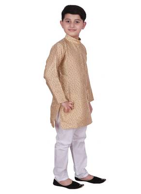Cream Self Design Silk Boys Kurta Pajama Set 5