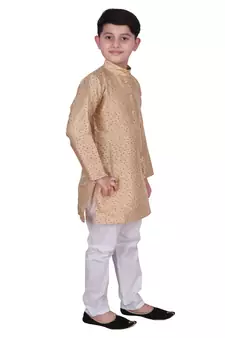 Cream Self Design Silk Boys Kurta Pajama Set