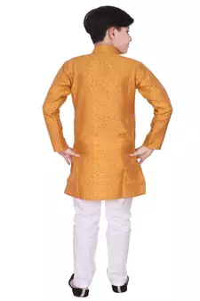 Mustard Self Design Silk Boys Kurta Pajama Set