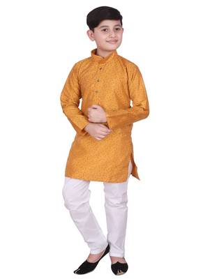 Mustard Self Design Silk Boys Kurta Pajama Set 1
