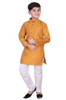 Mustard Self Design Silk Boys Kurta Pajama Set