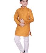 Mustard Self Design Silk Boys Kurta Pajama Set