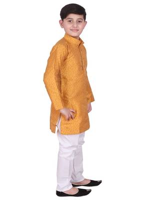 Mustard Self Design Silk Boys Kurta Pajama Set 4
