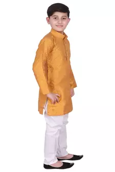 Mustard Self Design Silk Boys Kurta Pajama Set
