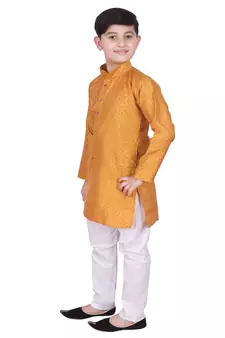 Mustard Self Design Silk Boys Kurta Pajama Set