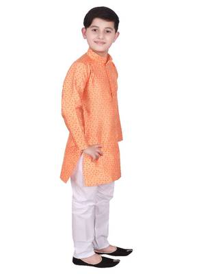 Orange Self Design Silk Boys Kurta Pajama Set 1