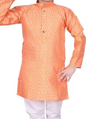Orange Self Design Silk Boys Kurta Pajama Set 2