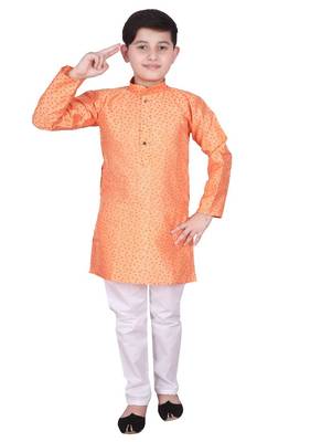 Orange Self Design Silk Boys Kurta Pajama Set 3