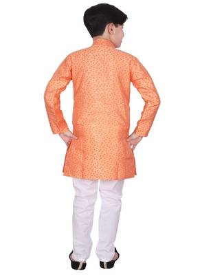 Orange Self Design Silk Boys Kurta Pajama Set 4