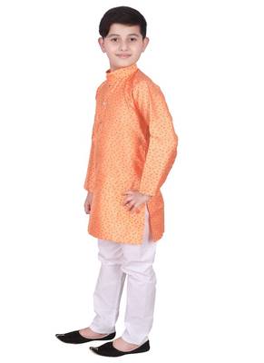 Orange Self Design Silk Boys Kurta Pajama Set 5
