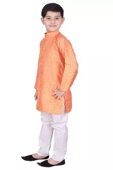 Orange Self Design Silk Boys Kurta Pajama Set
