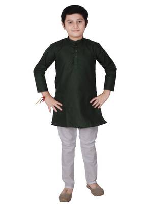 Green Self Design Cotton Boys Kurta Pajama Set 1