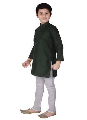 Green Self Design Cotton Boys Kurta Pajama Set 3