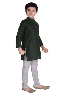 Green Self Design Cotton Boys Kurta Pajama Set 4