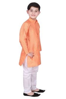 Orange Floral Design Silk  Boys Kurta Pajama Set