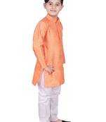 Orange Floral Design Silk  Boys Kurta Pajama Set
