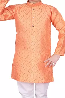 Orange Floral Design Silk  Boys Kurta Pajama Set