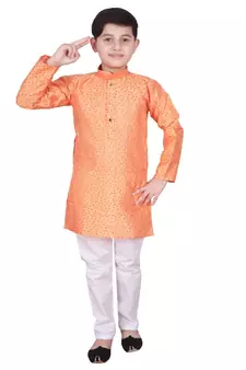 Orange Floral Design Silk  Boys Kurta Pajama Set