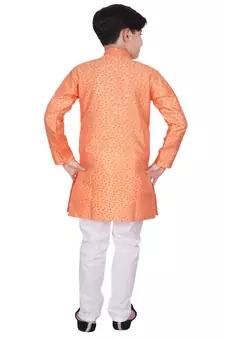 Orange Floral Design Silk  Boys Kurta Pajama Set