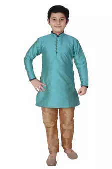 Firozi Self Design Silk boys Kurta Pajama Set
